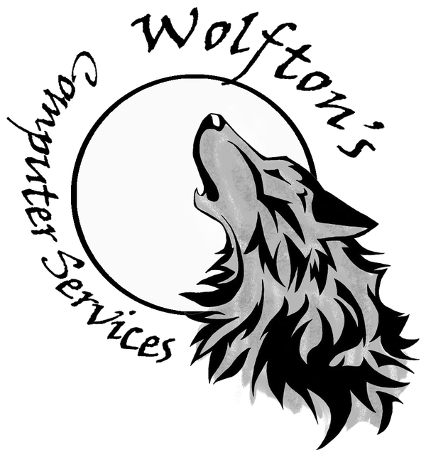 Original Wolfton's Computer Services logo — a howling wolf in front of a full moon
